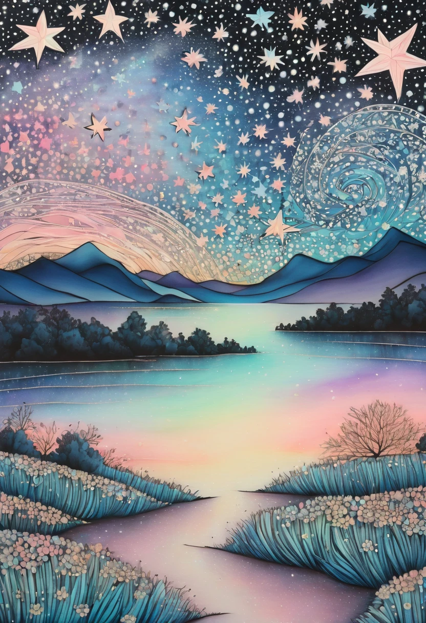 Marija pastel tones, stars full sky, zentangle lanscape,