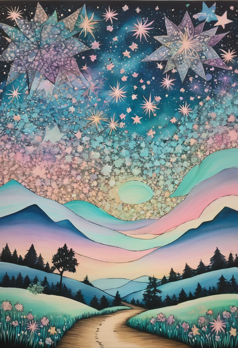 Marija pastel tones, stars full sky, zentangle lanscape,