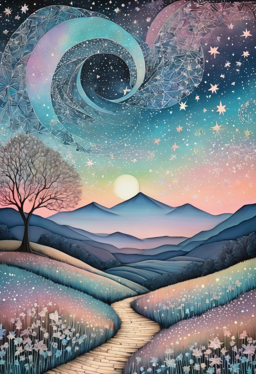 Marija pastel tones, stars full sky, zentangle lanscape,