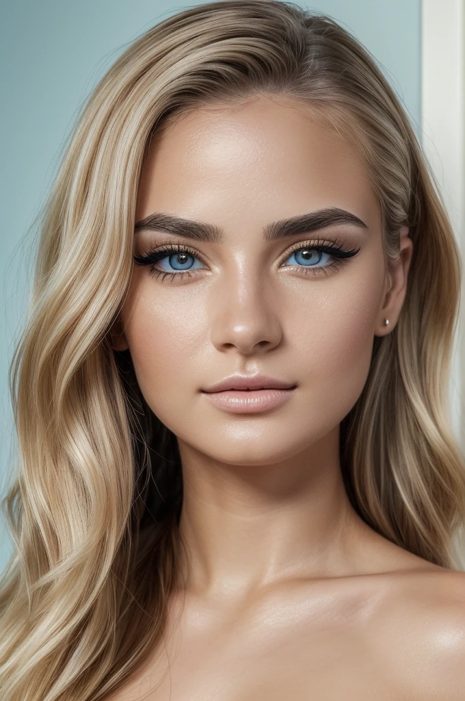 (best quality,4k,8k,highres,masterpiece:1.2),ultra-detailed,(realistic,photorealistic,photo-realistic:1.37), (lifelike 23 years old woman) (her face is match with the golden ration) (beautiful ultra-detailed eyes, detailed eyes, lifelike small size light blue pupil) (long eyelashes) (one birthmark in the lower corner of the left eye) (birthmark is small but visiblein the corner of the left eye) (very wavy light blonde hair) (sharp ultra-detailed eyebrows), (solid makeup) (smooth eyeliner)