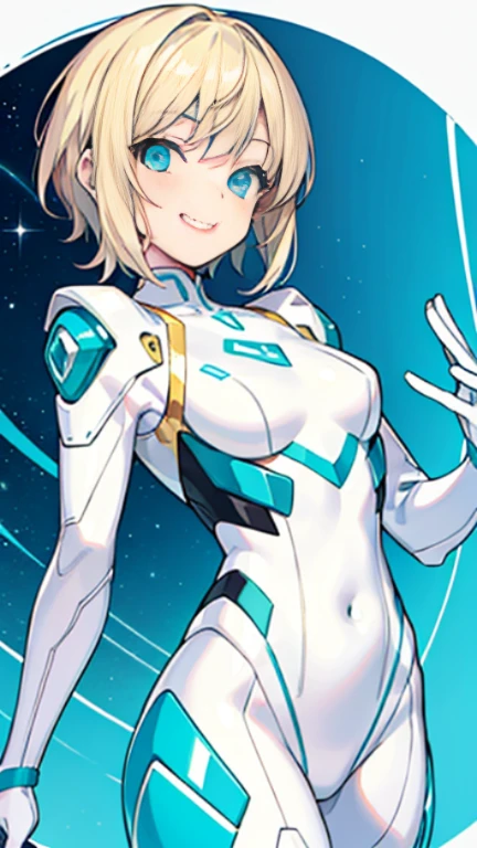 young girl, short blonde hair, Turquoise eyes, grin, White plug suit, Gold Element, open shoulders, masterpiece, high quality, 4K, HD, Every detail