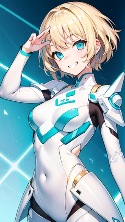 young girl, short blonde hair, Turquoise eyes, grin, White plug suit, Gold Element, open shoulders, masterpiece, high quality, 4K, HD, Every detail