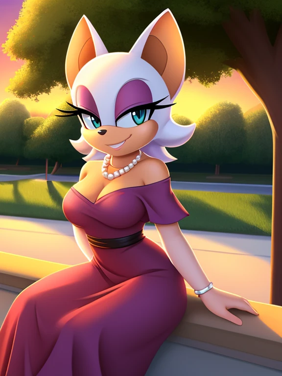 Rouge the Bat, wingless, pearl necklace, bare shoulders, medium breast, a blue Mexican off the shoulder dress, sundown at a park, seductive, looking at you, smile, 1 girl, solo