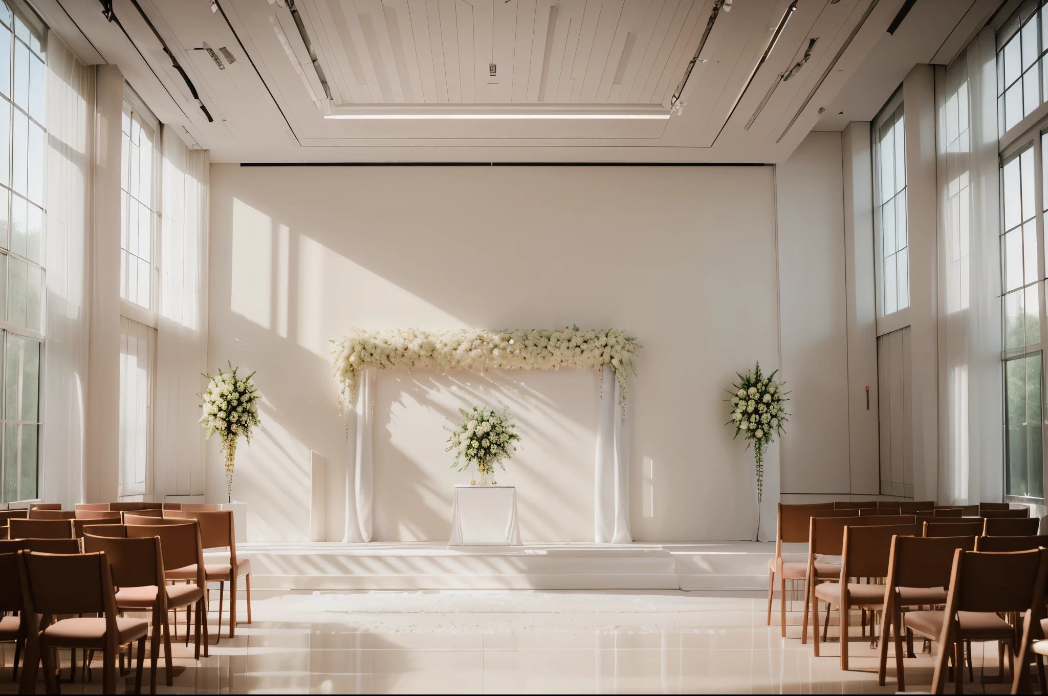 A contemporary 3D wedding stage, radiating a clean aesthetic with a central focus, adorned in white tones and subtle reflections, set in a venue with expansive windows allowing natural light, creating an atmosphere of purity and modernity,