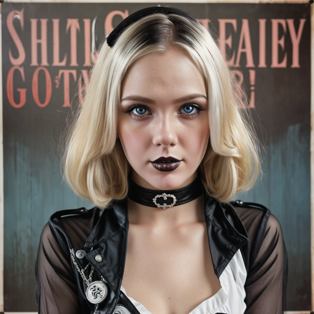 (1girl), full body picture of a goth girl with left side blonde hair and right side black hair, heterochromia, retro style poster, steelpunk, whitcomb-girls, thriftcore, vintage advertisements, horror, gloom, hyperrealistic, photo