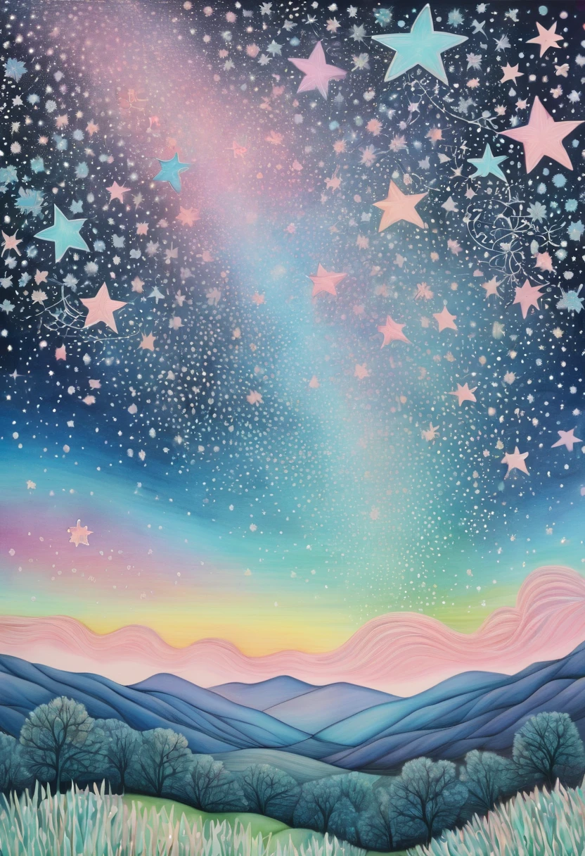 Marija pastel tones, stars full sky, zentangle lanscape,