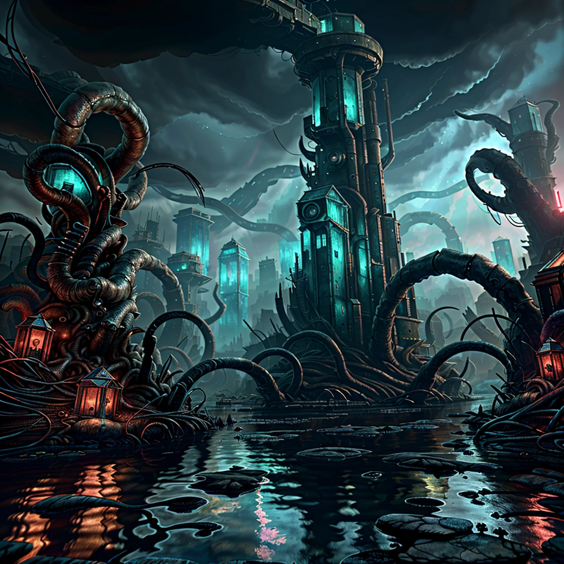 (best quality,4k,8k,highres,masterpiece:1.2), ultra-detailed, (realistic,photorealistic,photo-realistic:1.37), madness evil landscape, tentacles, polluted river, macabre cemetery, bloody moon, unreal engine, UHD sketch color drawing, surreal lighting, horror, painterly effects