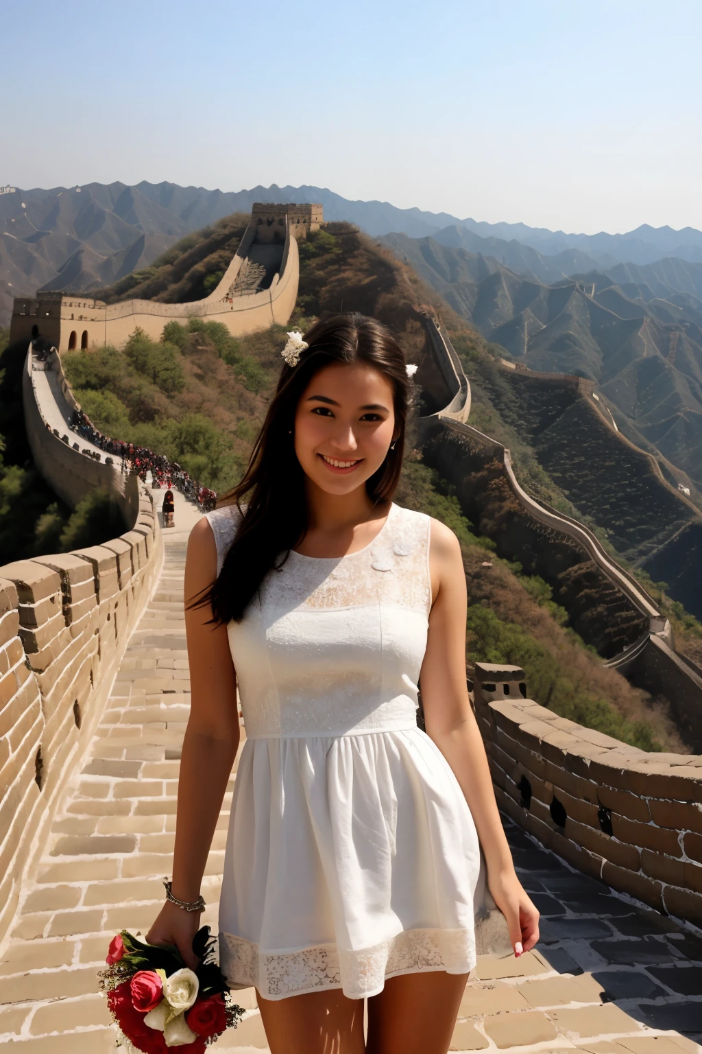 ((best quality)), ((masterpiece)), (detailed), perfect face a girl 24 years old posing on great wall of china in off white dress