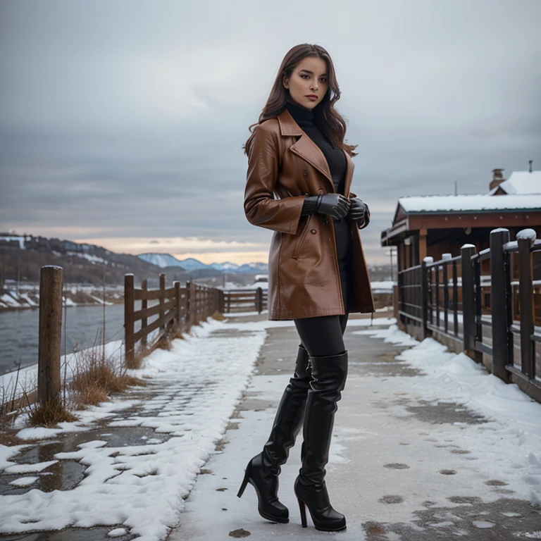 Attractive woman in a long leather coat with matching gloves and high heeled boots against a wintry background