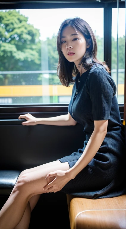 ((Full body)), Ultra-realistic capture, Highly detailed, high resolution 16k closeup of human skin. Skin texture must be natural, With enough detail to finely identify pores. 
Skin should look healthy, In a uniform tone. Use natural light and color, Black striated hair, Black short hair, 
((Full body)), in the train, From side, UHD, retinas, masterpiece, accurate, Anatomically correct, Super Detail, Textured skin, high details, High quality, Best Quality, high resolution, 1080p, HD, 4K, 8K

