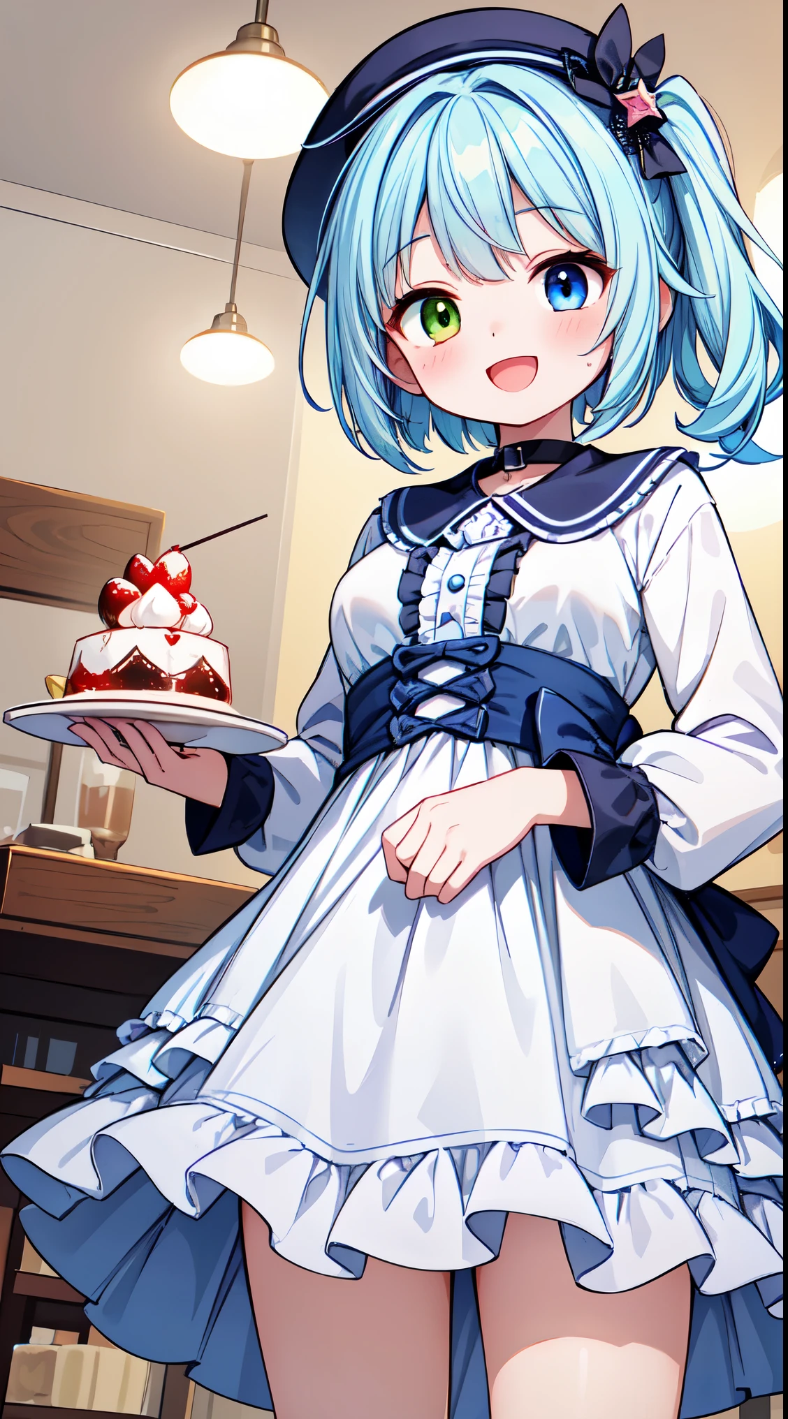 (8k, best quality, masterpiece:1.2),(best quality:1.0), (ultra highres:1.0), watercolor,


BREAK, 1 beautiful girl, (17 years old girl),Solo,(Cute:1.5),(Chibi:0.6),(kawaii:1.5),(Lori:0.5),BREAK,(17 years old girl), 1 beautiful girl,Very detailed,colourfull,highest details,Clear skin,Beautiful skin,Shy,Very detailed,colourfull,highest details,BREAK,Clear skin,Beautiful skin,Shy skin,BREAK,(Heterochromia,blue eyes,Green eyes, Eye Highlights,The first hyperfine stars:1.45),star eye silhouette ,BREAK,(pale blue hair, Medium length:1.4),(side ponytail,A little curly hair,Princess Cut, crossed bangs:1.3),(large breasts,Beautiful breasts(best quality face),(Top quality glowing eyes),(The best smile,:D:1.45), 
BREAK, train,station,(a girl), platform, snow, BREAK, (dessert motif inspired:1.2), white lace, (closed collar long-sleeved blouse:1.2) with frilled and ribbon, a volumey pannier under a (dessert-pattern long dress:1.6) with (lots of layered frills:1.2) and ribbons, (lace ruffle socks:1.2), dessert-themed accessories, hat, platform shoes,


BREAK,wakame,wakame,wakame,(Cowboy Shot,from below:1.4), 


BREAK,(Blurry background:1.3),(absurderes, hight resolution, Super Detail Art),cel shading,Clear Color, Lonely optical effect, Beautiful pictures, Bright glow, mystic atmosphere,(Close-up of girl:1.1), Mystical light particle effect,manga influence, clean line drawings, 