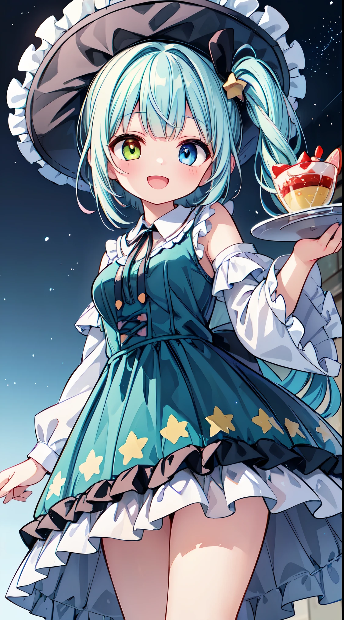 (8k, best quality, masterpiece:1.2),(best quality:1.0), (ultra highres:1.0), watercolor,


BREAK, 1 beautiful girl, (17 years old girl),Solo,(Cute:1.5),(Chibi:0.6),(kawaii:1.5),(Lori:0.5),BREAK,(17 years old girl), 1 beautiful girl,Very detailed,colourfull,highest details,Clear skin,Beautiful skin,Shy,Very detailed,colourfull,highest details,BREAK,Clear skin,Beautiful skin,Shy skin,BREAK,(Heterochromia,blue eyes,Green eyes, Eye Highlights,The first hyperfine stars:1.45),star eye silhouette ,BREAK,(pale blue hair, Medium length:1.4),(side ponytail,A little curly hair,Princess Cut, crossed bangs:1.3),(large breasts,Beautiful breasts(best quality face),(Top quality glowing eyes),(The best smile,:D:1.45), 
BREAK, train,station,(a girl), platform, snow, BREAK, (dessert motif inspired:1.2), white lace, (closed collar long-sleeved blouse:1.2) with frilled and ribbon, a volumey pannier under a (dessert-pattern long dress:1.6) with (lots of layered frills:1.2) and ribbons, (lace ruffle socks:1.2), dessert-themed accessories, hat, platform shoes,


BREAK,wakame,wakame,wakame,(Cowboy Shot,from below:1.4), 


BREAK,(Blurry background:1.3),(absurderes, hight resolution, Super Detail Art),cel shading,Clear Color, Lonely optical effect, Beautiful pictures, Bright glow, mystic atmosphere,(Close-up of girl:1.1), Mystical light particle effect,manga influence, clean line drawings, 