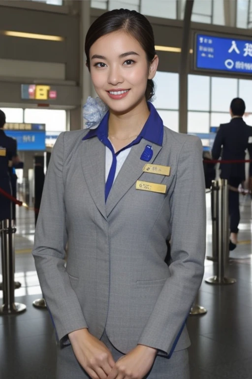 beautiful asian stewardess, ANA UNIFORM, kindly smile, at airport, (detailed:1.2), (photorealistic:1.3), (best quality, rawphoto:1.2), crowd