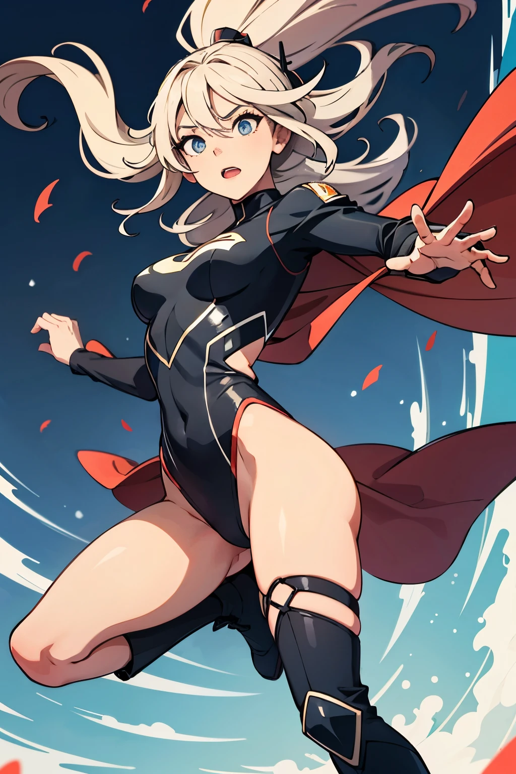 1girl, solo focus, superhero, leotard, highleg leotard, bare legs, boots, mature lady, spinning her body in rapid speed like a tornado, wind swirls, rapid gyration, tornado spinning girl, tornado spin, turning to a whirlwind, ultra highres, absurdres, beautiful face, detailed eyes, symmetric eyes, tornado winds, straight legs 