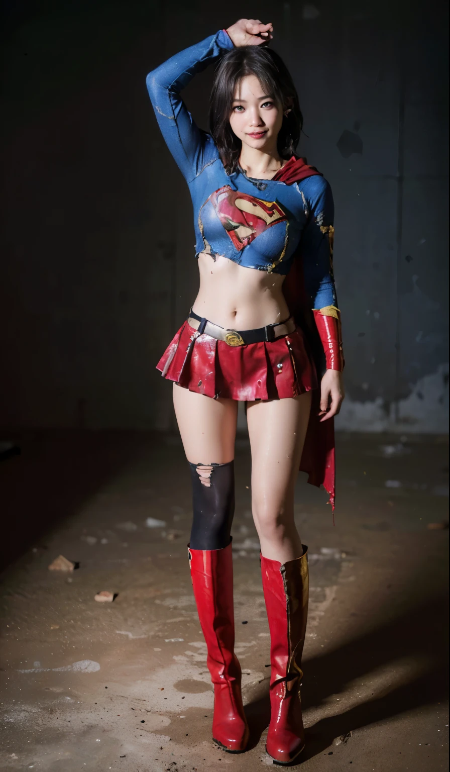 no background、short hair、supergirl costume、Snug costume、(((stretch your legs、tall、Legally express the beauty of your smile)))、((((Get the most out of your original images)))、(((supergirl costume、torn、Tattered、being destroyed)))、(((beautiful hair)))、(((I'm in pain)))、(((Legs must be worn with black tights)))、(((must wear red boots、being destroyed)))、((Highest image quality、8K))、((highest quality、8K、masterpiece:1.3))、(((keep background )))、clear focus:1.2、beautiful woman with perfect figure:1.4、Full of scars、bloody、full of blood、slender abs:1.2、wet body:1.5、Highly detailed face and skin texture、8K