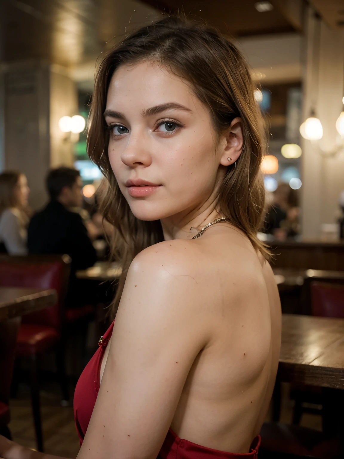 (realistic,photorealistic:1.37),extremely realistic blonde Russian girl with blonde hair and blue eyes, without hands,wide shot,beautiful detailed lips and eyes, detailed and ,imperfect skin,textured skin,wide shot,beautiful detailed blonde hair,red night dress, full body, posing for the camera, in the evening, at a restaurant, in public, wit people behind, background blurred, at night