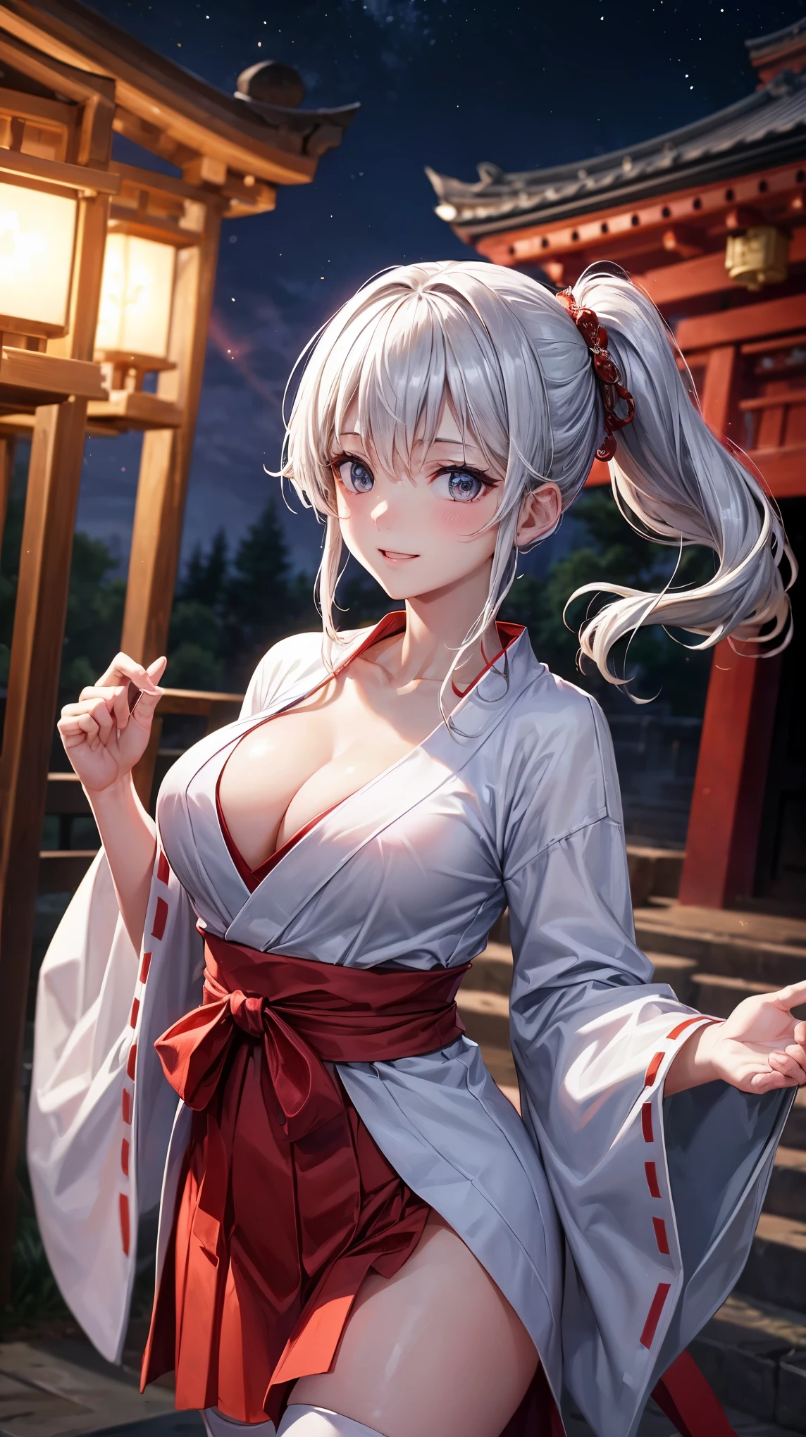 ((highest quality、High resolution、8K、masterpiece:1.3))、dynamic angle、I can see the whole body、wallpaper、1 girl、unparalleled beauty、ultimate beauty、super detailed face、delicate eyes、smile shyly、sexy look、looking at the camera、Depth of bounds written、light particles、side light、ponytail、silver hair、shrine maiden、shrine maiden服、shrine maiden装束、white kimono、red hakama、(Holding down the skirt with both hands)、(The wind flipped my skirt and exposed my white panties.)、Open chest、big breasts、cleavage、Thighhighs、thighs、slim、slender、Old castle at night