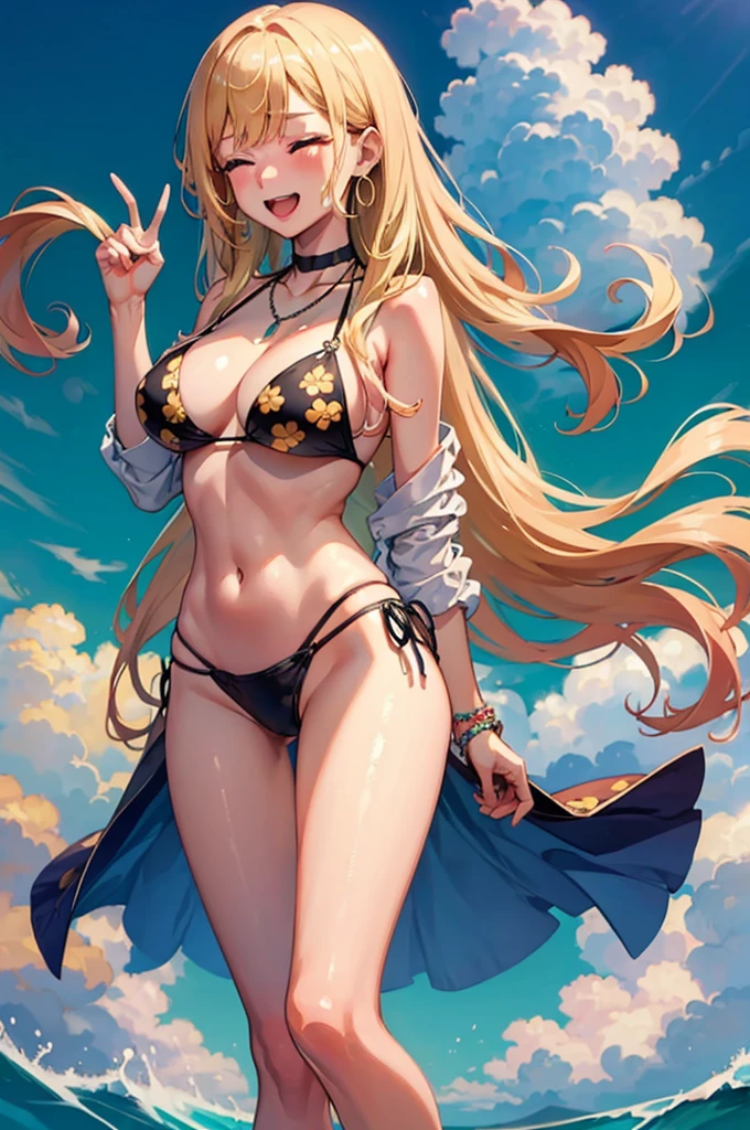 (((masterpiece))), MarinKitagawa, 1girl, solo, long hair, smile, open mouth, blonde hair, navel, cleavage, jewelry, medium breasts, swimsuit, closed eyes, bikini, cowboy shot, earrings, choker, indoors, necklace, v, black bikini, side-tie bikini bottom, black choker, piercing, floral print, ear piercing, string bikini, facing viewer, print bikini, 