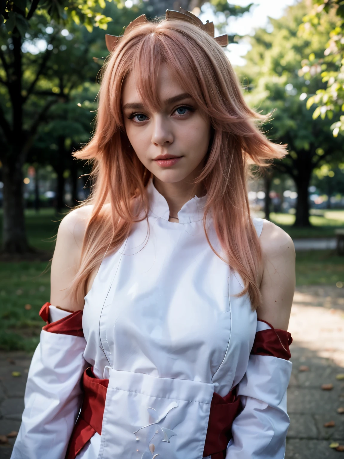 (realistic,photorealistic:1.37),extremely realistic Russian girl with pink hair and blue eyes, without hands,wide shot,beautiful detailed lips and eyes, detailed and ,imperfect skin,textured skin,wide shot,beautiful detailed blonde hair,cosplaying yae miko, full body, yae miko hair color, pic from distance, entire body, yae miko crown, Anime girl cosplay, posing in public, in a park