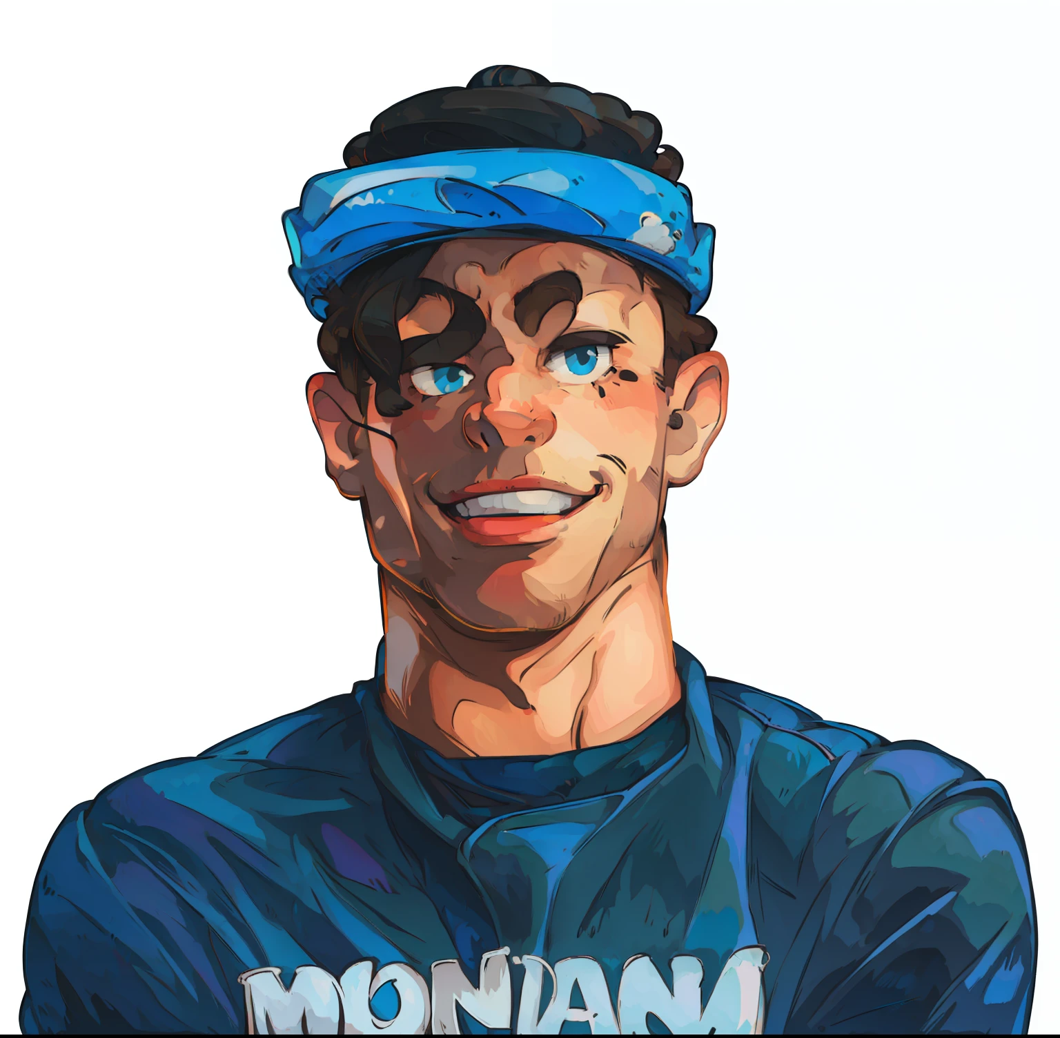 Caricatura, homem, com bone azul, estilo cartoon, sorrindo.