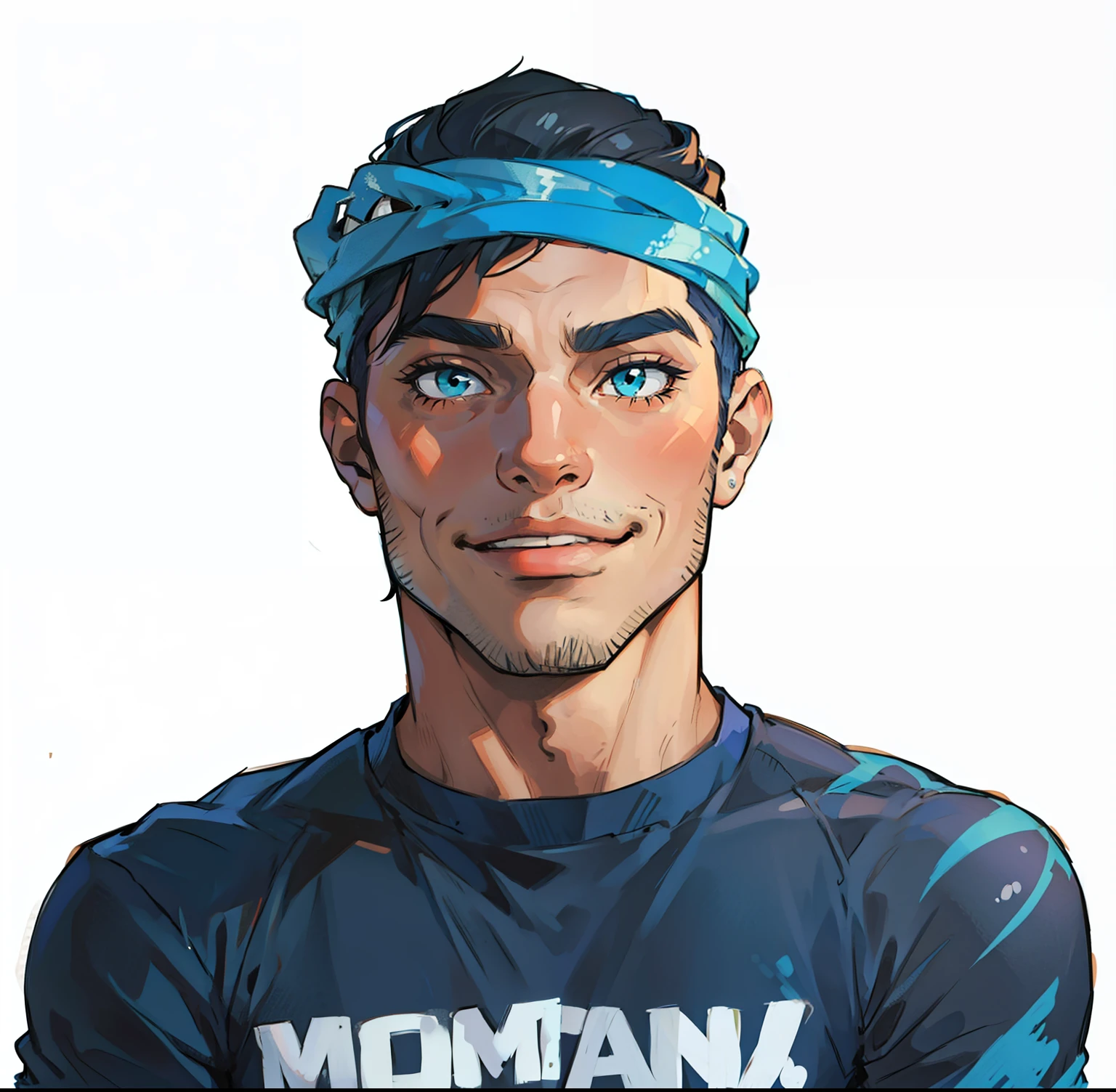 homem, com bone azul, estilo cartoon,  sorrindo.