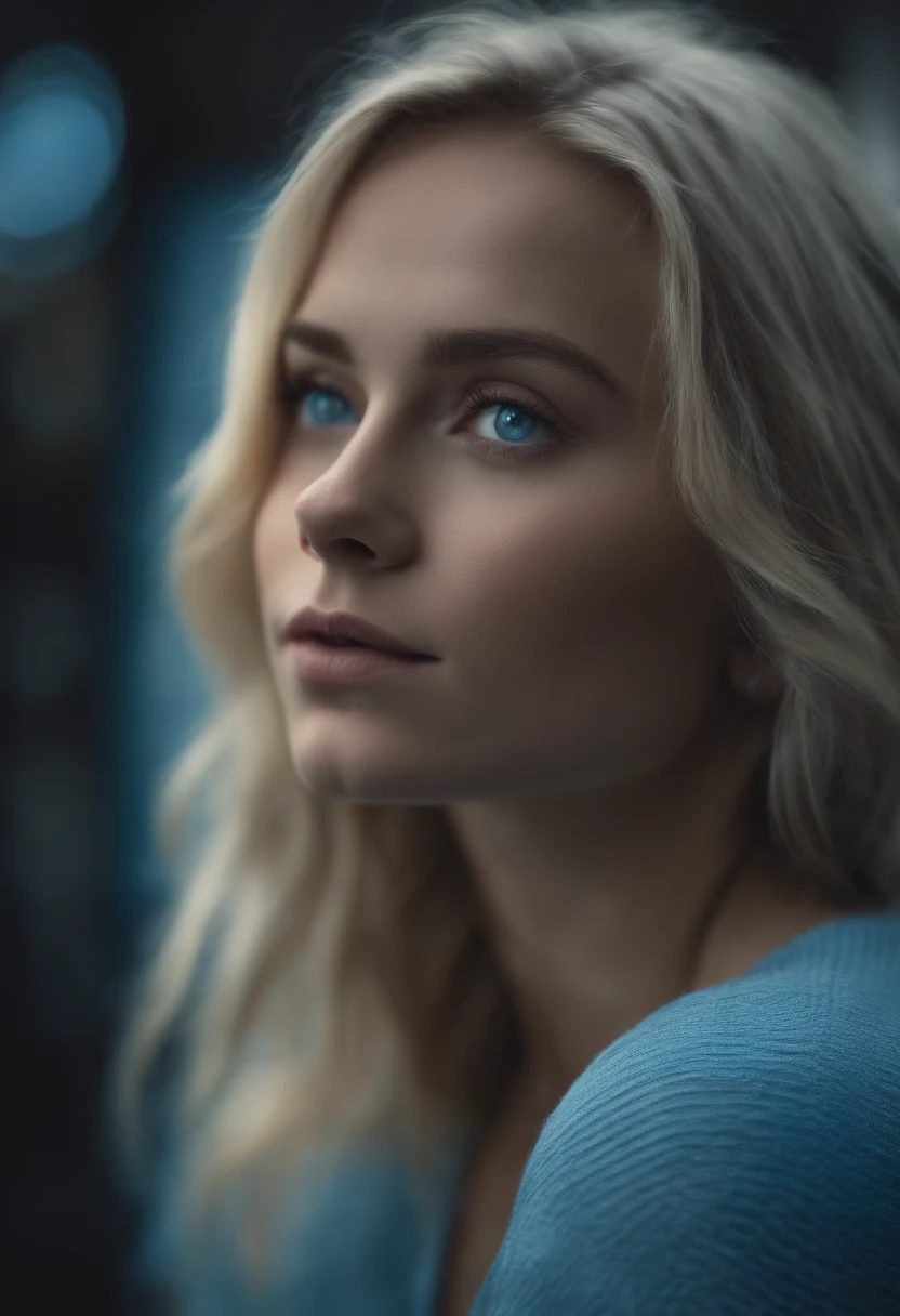 1girl, blonde, blue eyes, in soft blue light