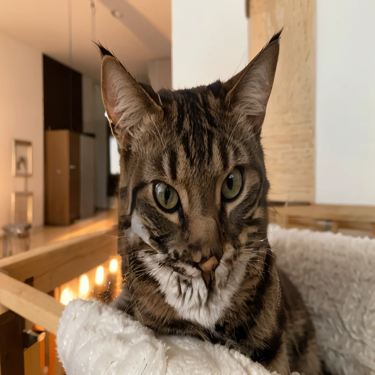 Da ist eine Katze, die in einem Katzenbett sitzt, starrt in die Kamera, direkt in die Kamera schauen, direkt in die Kamera starren, liebevoll in die Kamera schauen, grinst in die Kamera, direkt in die Kamera starren, starrt in die Kamera, Aufgenommen mit Sony Alpha 9, Blick in die Kamera, schaut intensiv in die Kamera, fokussierte bernsteinfarbene Augen