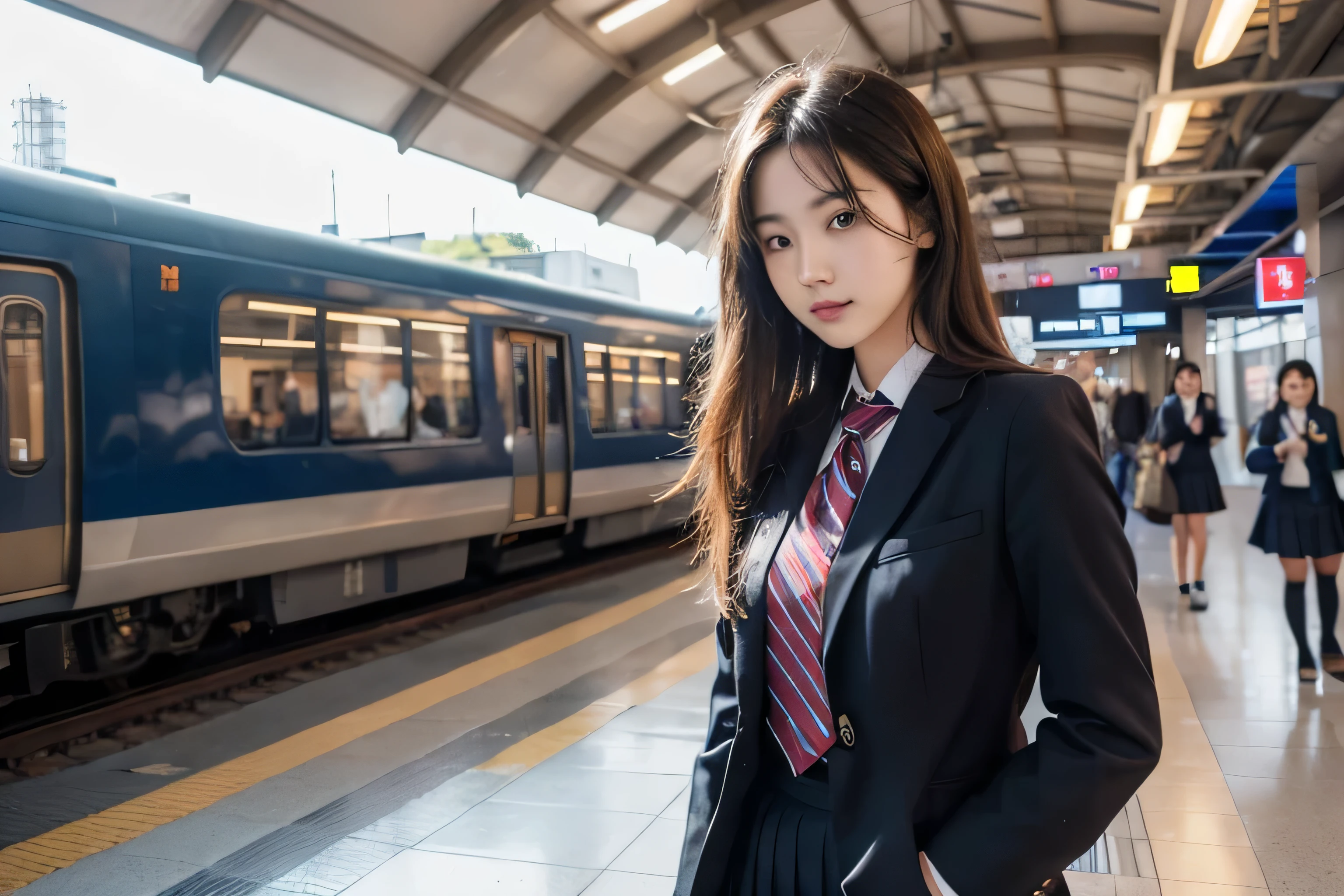 woman in a school uniform,half body shot,flowing hair,best quality,highres,on the train station