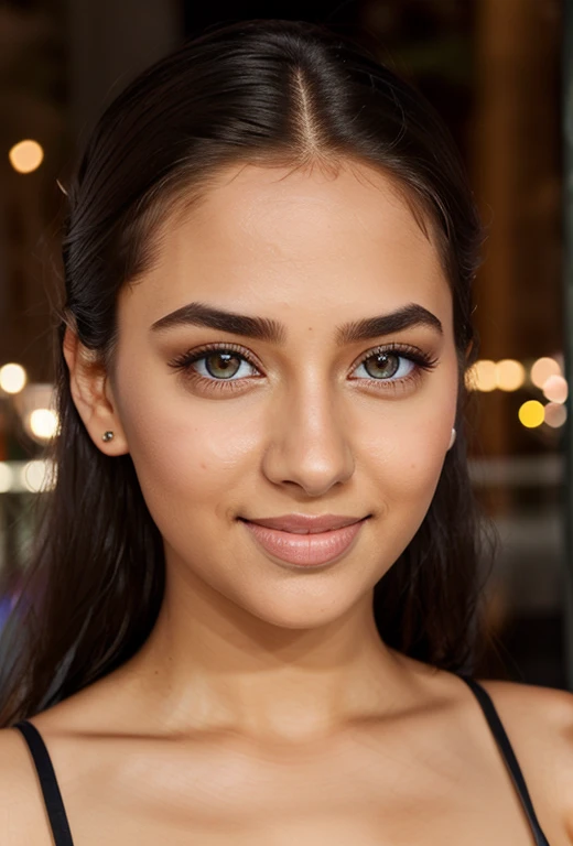 (masterpiece, best quality), 1 beautiful girl partying with night club in background, intricate details, realistic, photorealistic, masterpiece, detailed eye, Puffy eyes, top quality, high resolution, (Realisticity: 1.4). Indian, Indian Beauty. Super beauty. Beautiful skin, A slender, body facing forward. (A hyper-realistic). (hight resolution), (8K), (highly detailed). (beautifully detailed eyes), (ultra-detailliert), (Natural smile) . A detailed face, Bright lighting, professional lighting, looking at viewert, Facing straight ahead. (.), ponytail, hair messy, asymmetrical bang, Brown hair, Age 25, tall.