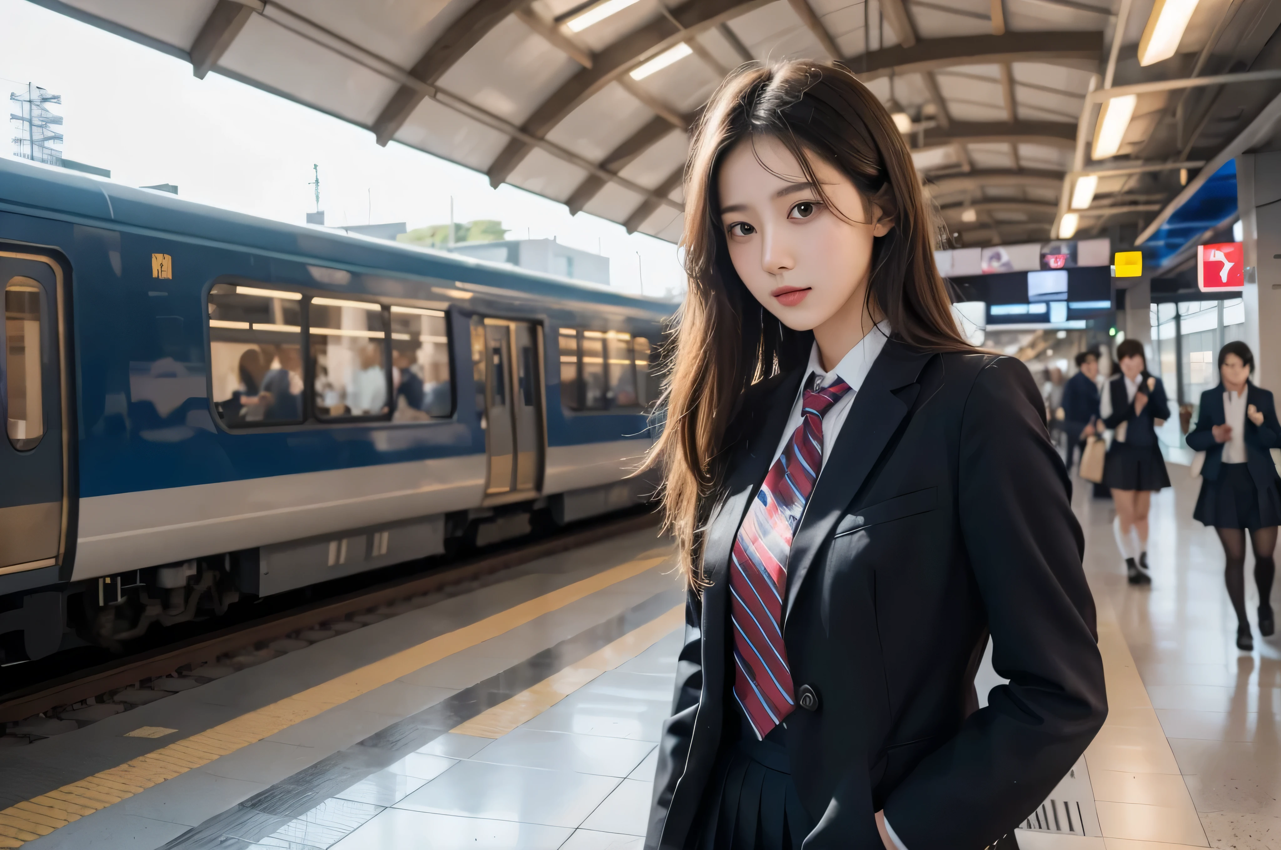 woman in a school uniform,half body shot,flowing hair,best quality,highres,on the train station