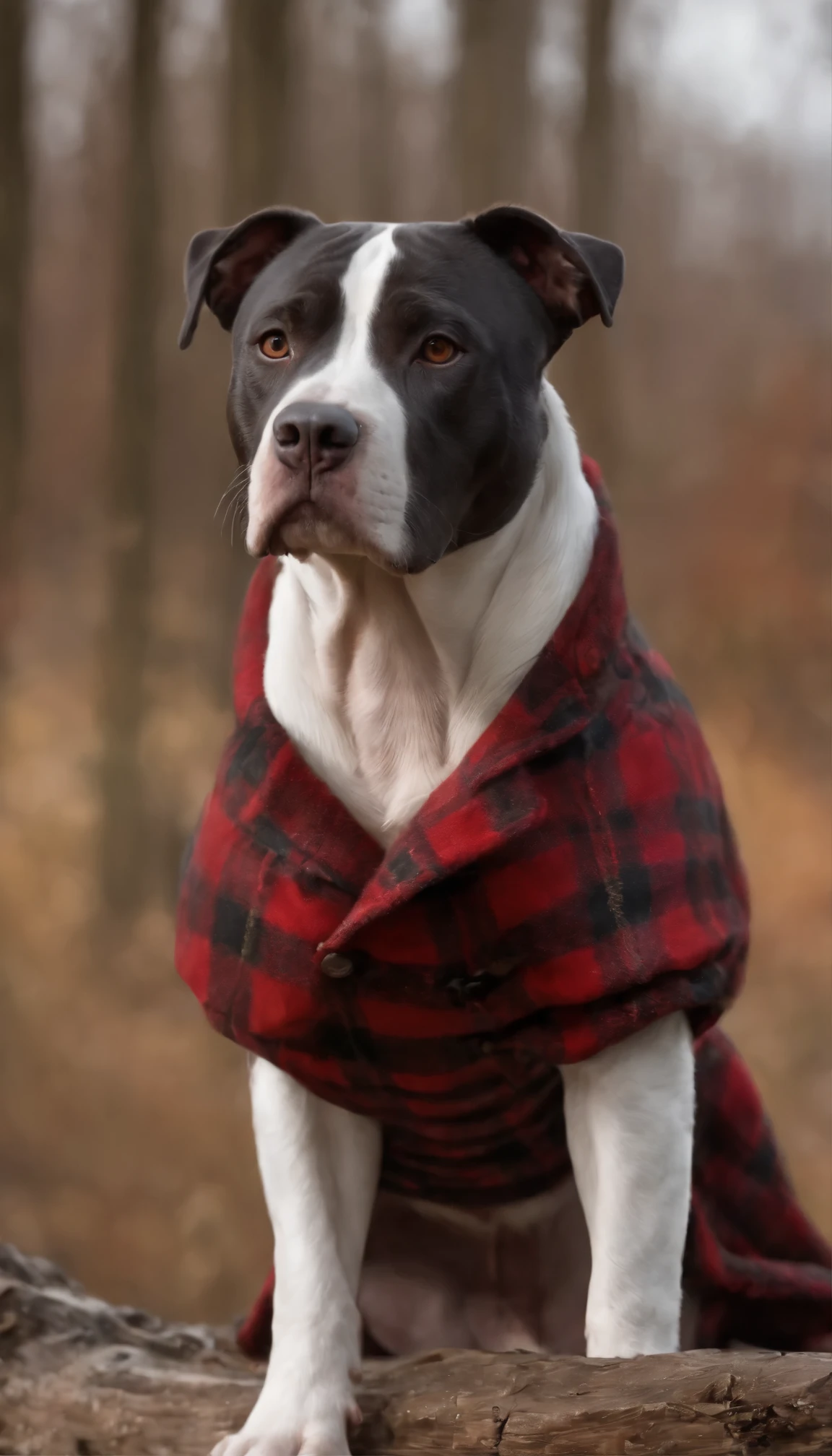 Droopy expression, Floppy ears, floppy jowl, Portrait of a male black and white furred 5 months 42 pounds pitbull terrior dog, in a black and red plaid coat what fits , realistic render, countryside, Fantasy, octane render, zbrush. Character design, photorealistic, unreal engine, hyper-detailed, concept art, trending on art station. ((best quality)), ((masterpiece)), ((realistic)), (detailed), full body portrait, close up, male black and white furred dog, brown eyes, wearing plaid black and red coat, highly detailed fur, looking at the viewer, Fantasy illustration painting, stunning gradient colors, no watermark signature, closed mouth, detailed background, countryside, woods, outdoors, closed mouth, insanely detailed, , ((masterpiece)), absurdres, HDR