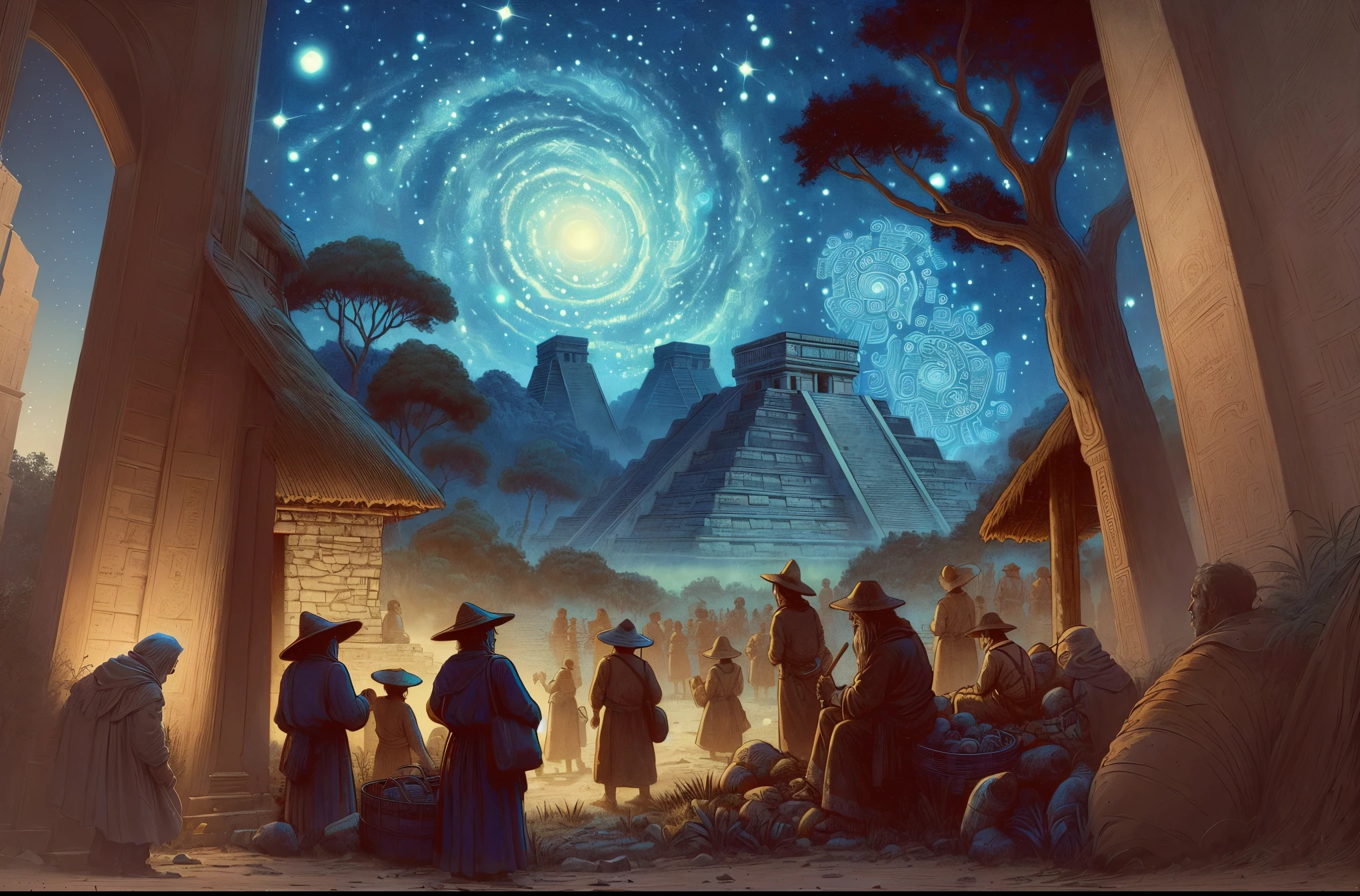 a painting of a group of people standing around a building, background ambient, maya building, ancient science fiction art, dan mumford. maya render, painting by dan mumford, dan mumford and albert bierstadt, ancient alien portal, el bosco and dan mumford, greg beeple, josan gonzales and dan mumford, the oracle of the mayan elders, galactic temple, rob mcnaughton