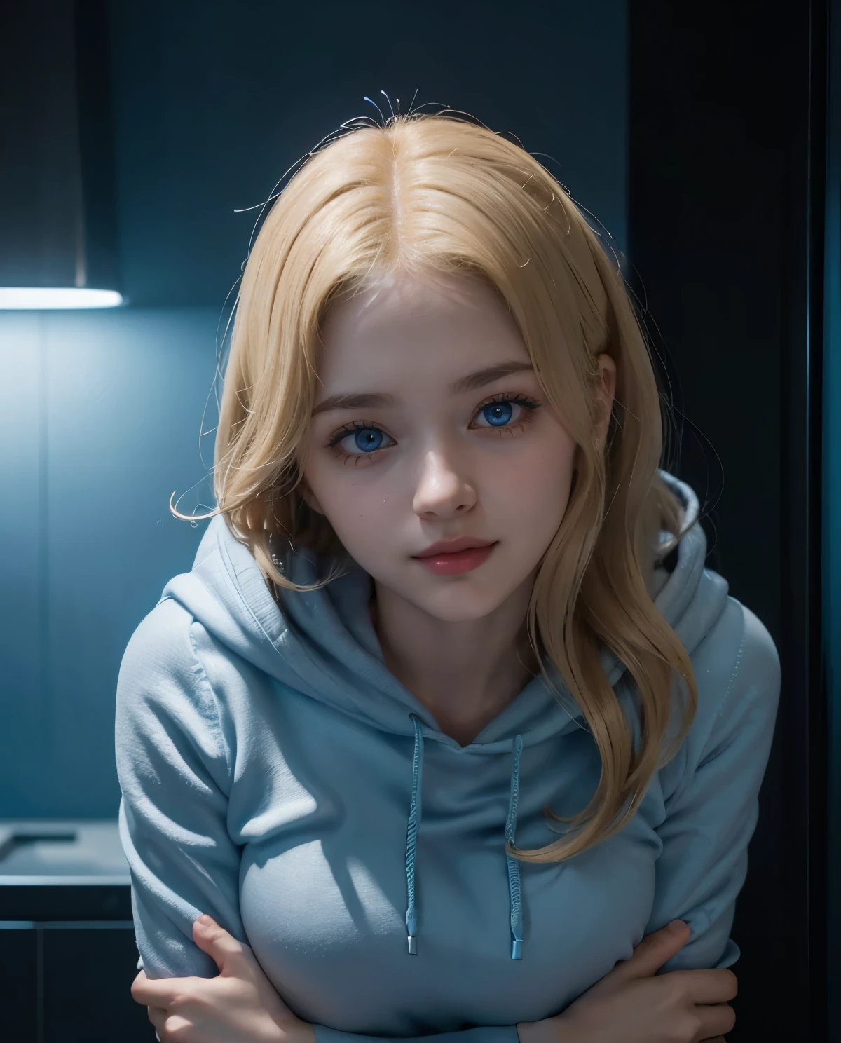 1girl, Blue eyes, (smiling), ((close-up at face :1.3)), (Sana Minatozaki), wide hips, Big Boobs, (Best Quality, 8k, Masterpiece: 1.3), perfect hands, Clear Focus: 1.2, Perfect Body Beauty: 1.4, Highly detailed face and skin texture, detailed eyes, double eyelids, (blonde long hair :1.2), (black hoodie :1.3), jeans, standing, looking the camera, in a futuristic room, (blue lighting :1.3), ((((low key, dark scene, blue lit)))), (((soft lighting:1.4)))
