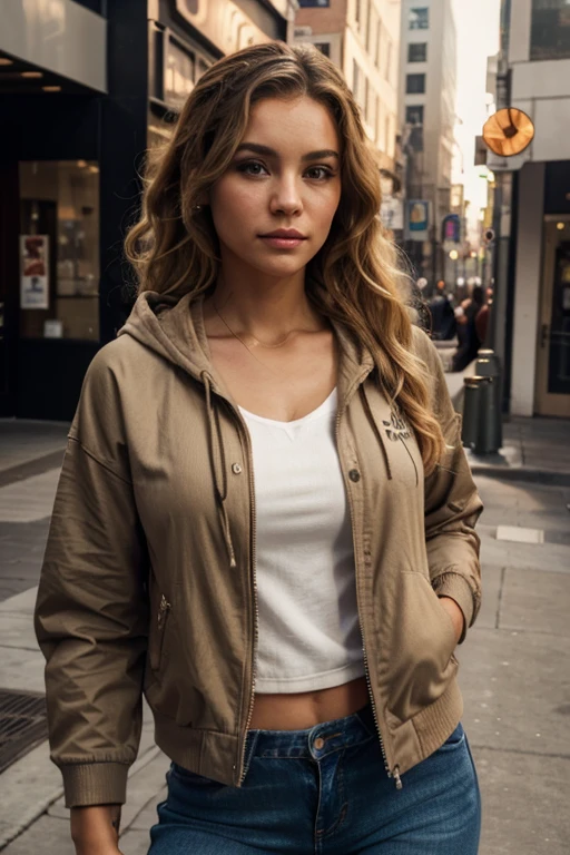 woman, blondie, brown eyes, very beautiful, 30y, american, looking away, high quality, realistic, 8K UHD, GTA V girl, curly hair, make-up, 50s, dressed to skinny jeans and hoodie jacket