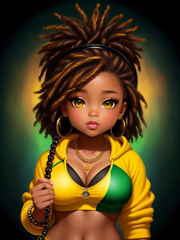 Create an airbrush, oil painting image featuring a curvy African American Chibi with dark caramel skin and large, expressive eyes that seem to tell a story. Her voluminous, tightly coiled black hair is adorned with beads and stars, adding a youthful and stylish touch. The character wears large hoop earrings and multiple necklaces, one with a heart-shaped pendant that hangs prominently on her chest.
She is dressed in a cropped hoodie, depicted in a realistic oil painting style, with a vibrant yellow, green, and red color scheme reminiscent of Rastafarian Brazilian flags. The hoodie's texture is met