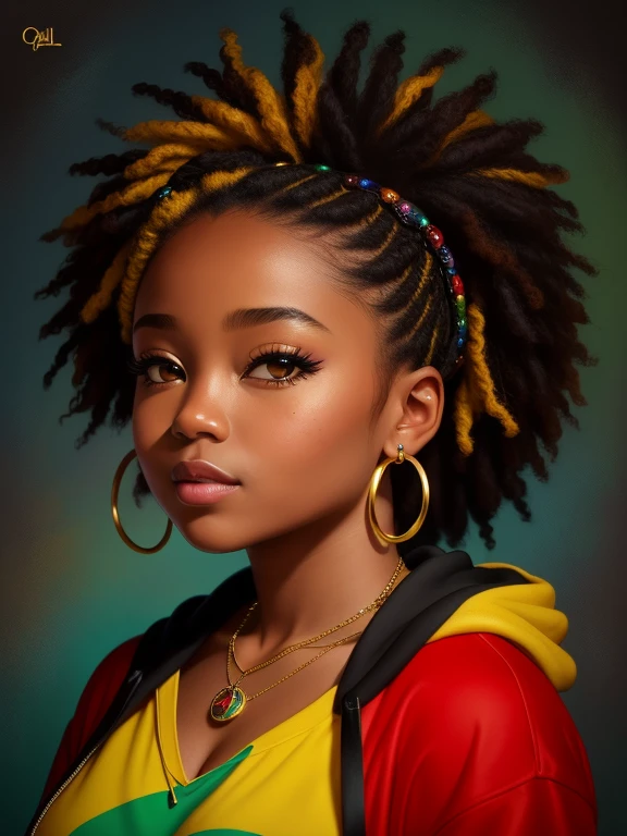Create an airbrush, oil painting image featuring a curvy African American Chibi with dark caramel skin and large, expressive eyes that seem to tell a story. Her voluminous, tightly coiled black hair is adorned with beads and stars, adding a youthful and stylish touch. The character wears large hoop earrings and multiple necklaces, one with a heart-shaped pendant that hangs prominently on her chest.

She is dressed in a cropped hoodie, depicted in a realistic oil painting style, with a vibrant yellow, green, and red color scheme reminiscent of Rastafarian Brazilian flags. The hoodie's texture is met