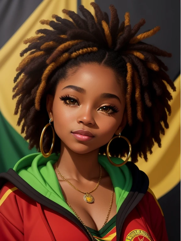 Create an airbrush, oil painting image featuring a curvy African American Chibi with dark caramel skin and large, expressive eyes that seem to tell a story. Her voluminous, tightly coiled black hair is adorned with beads and stars, adding a youthful and stylish touch. The character wears large hoop earrings and multiple necklaces, one with a heart-shaped pendant that hangs prominently on her chest.
She is dressed in a cropped hoodie, depicted in a realistic oil painting style, with a vibrant yellow, green, and red color scheme reminiscent of Rastafarian Brazilian flags. The hoodie's texture is met
