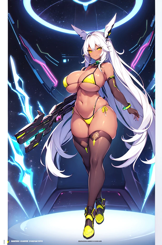 1girl, large breasts, wide hips, dark-skinned female, dark skin, white hair, yellow eyes, white bikini, highleg, highleg bikini, micro bikini, smile, smirk, smug, bar, thighhighs, full_body, ((full body)), standing, neon, neon trim, futuristic, science-fiction,