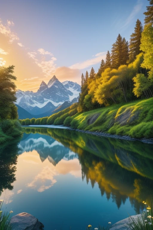 In the best quality, 4K and 8K resolution, feast your eyes on this ultra-detailed masterpiece (1.2:1.37) of a landscape. The serene atmosphere is filled with lush greenery and majestic mountains that boast captivating peaks, crystal clear lakes, and snow-covered summits. The majestic cliffs loom over peaceful valleys, where gently flowing rivers meander through. Sunlit meadows reflect gentle sunlight filtering through the trees, creating a harmonious color palette of different shades of blue. The sunrise and sunset hues cast a warm glow over the scene, while the clean and crisp air invig