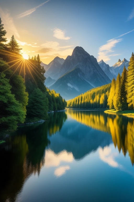In the best quality, 4K and 8K resolution, feast your eyes on this ultra-detailed masterpiece (1.2:1.37) of a landscape. The serene atmosphere is filled with lush greenery and majestic mountains that boast captivating peaks, crystal clear lakes, and snow-covered summits. The majestic cliffs loom over peaceful valleys, where gently flowing rivers meander through. Sunlit meadows reflect gentle sunlight filtering through the trees, creating a harmonious color palette of different shades of blue. The sunrise and sunset hues cast a warm glow over the scene, while the clean and crisp air invig