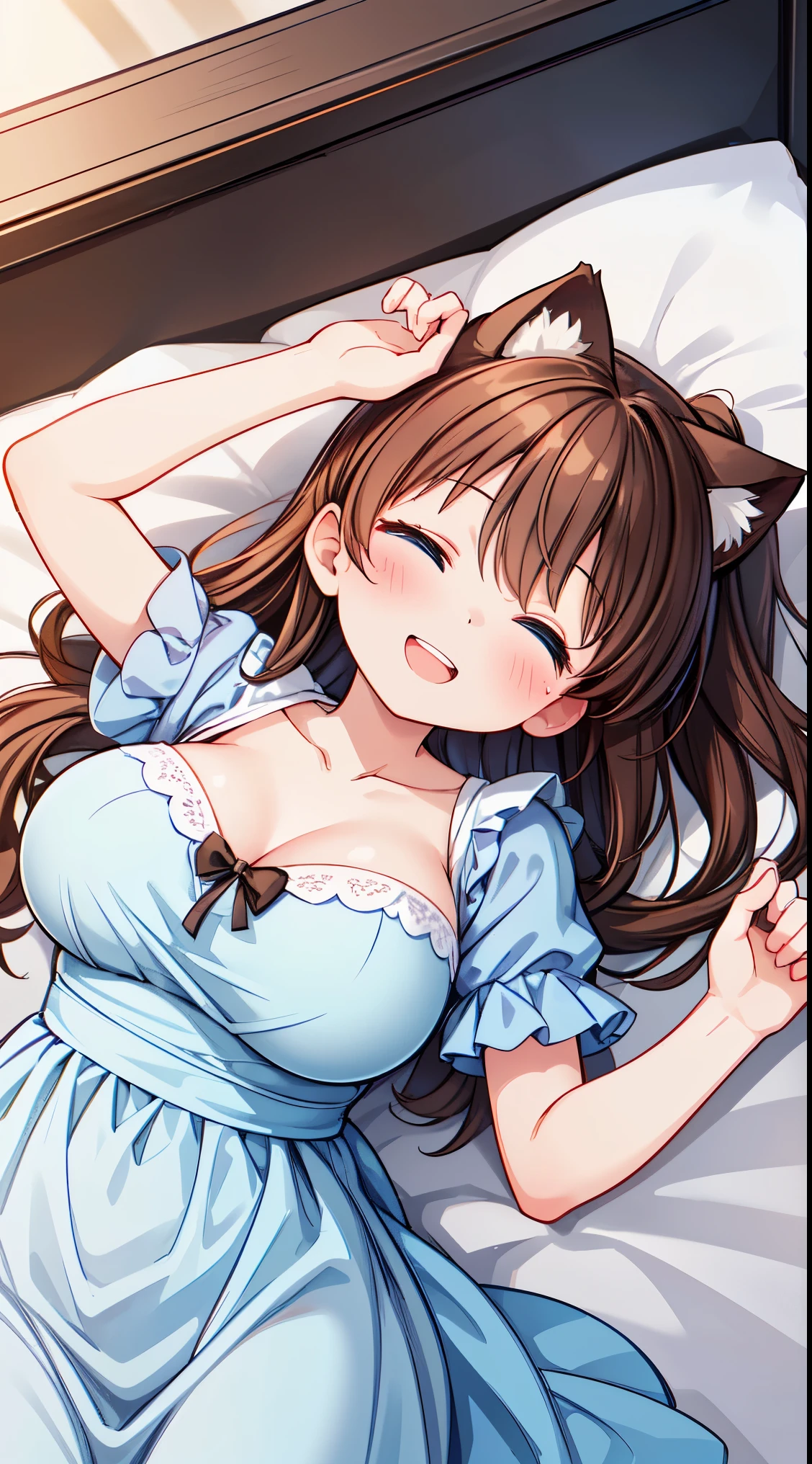 (8k, best quality, masterpiece:1.2),(best quality:1.0), (ultra highres:1.0), watercolor,
BREAK, 1 beautiful girl, ( girl),Solo,(Cute:1.5),(Chibi:0.6),(kawaii:1.5),(Lori:0.5),BREAK,1 beautiful girl, (17 years old detailed, colourfull, highest details, BREAK, (Huge breasts: 1. 2), Clear skin, Beautiful skin, Shy skin, 1 beautiful girl, (Brown hair:1.75), (Cat ears, Ponytail, medium-Long hair: 1. 2), (Light blue eyes, long eyelashes, Double eyelids: 1. 2),Solo,gleaming skin, Clear skin, Beautiful skin,(best quality face),(Top quality glowing eyes),(The best smile,:D:1.45), nose blush, sleepy, grin, open mouth,
BREAK, New Year's midnight, first dream, cool luxury bedroom,
(1girl, The girl is in a sound asleep on a bed:1.5), (lying back down),
(closed eyes:1.5), (happy, smile),
She sound asleep, elegantly, dreaming of happy dreams of spending time with other sisters.
BREAK
girl Wearing elegant and mature pail-blue nightgowns,
(give a luxurious account of girl and background),
BREAK,wakame,wakame,wakame,(Cowboy Shot,from above:1.4),
BREAK,(Blurry background:1.3),(absurderes, hight resolution, Super Detail Art),cel shading,Clear Color, Lonely optical effect, Beautiful pictures, Bright glow, mystic atmosphere,(Close-up of girl:1.1), Mystical light particle effect,manga influence, clean line drawings,
