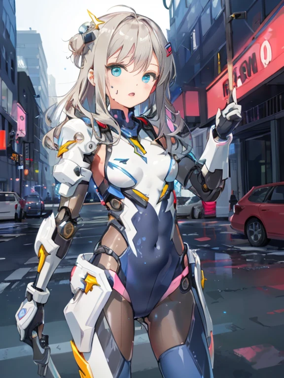 ((masterpiece:1.4、highest quality))+、(super detailed)+、
1 girl、cyberpunk city、flat chest、wavy hair、mecha clothes、(robot girl)、Cool move、Silver Bodysuit、colorful background、Wet day、(lightning effect)、Silver Dragon Armor、(cold face)、cowboy shot、pretty girl