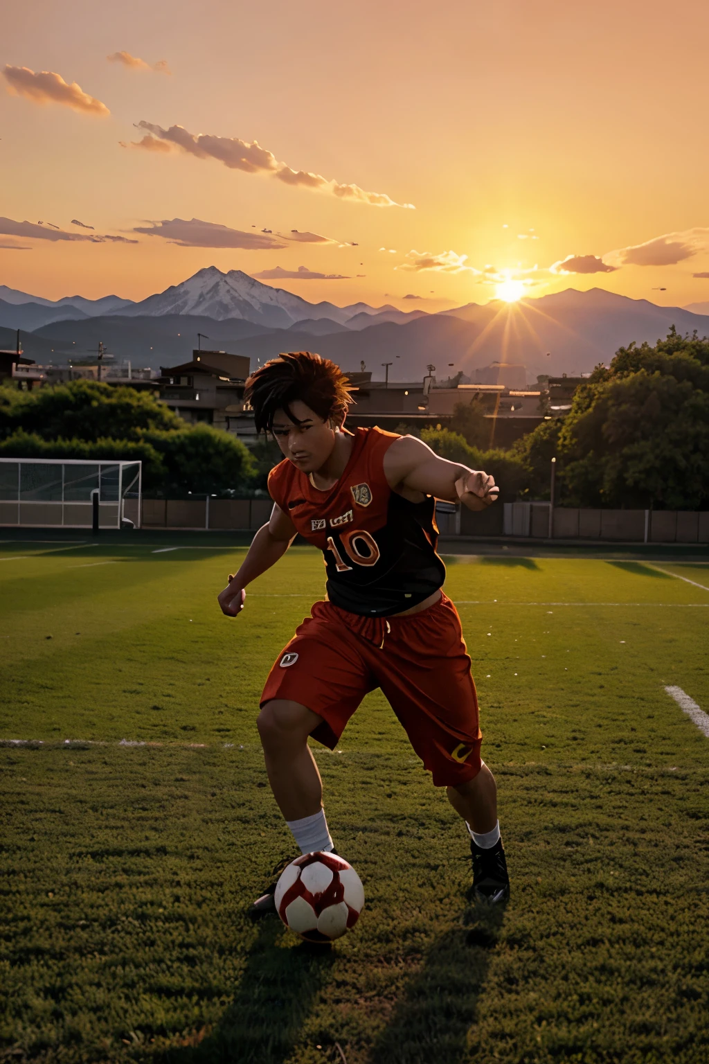 sunset, mountains, son goku playing football,