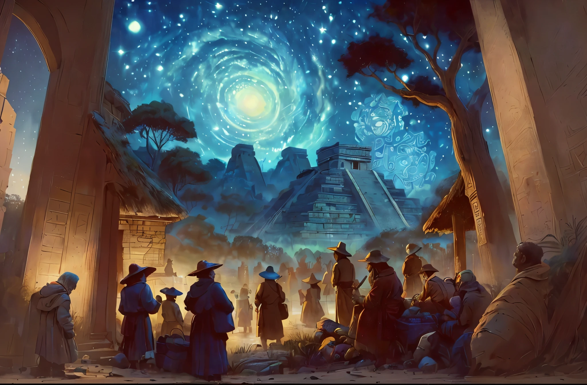 ((a painting of a group of people standing around a building, background ambient, maya building)), ancient science fiction art, dan mumford. maya render, painting by dan mumford, dan mumford and albert bierstadt, ancient alien portal, el bosco and dan mumford, greg beeple, josan gonzales and dan mumford, the oracle of the mayan elders, galactic temple, rob mcnaughton