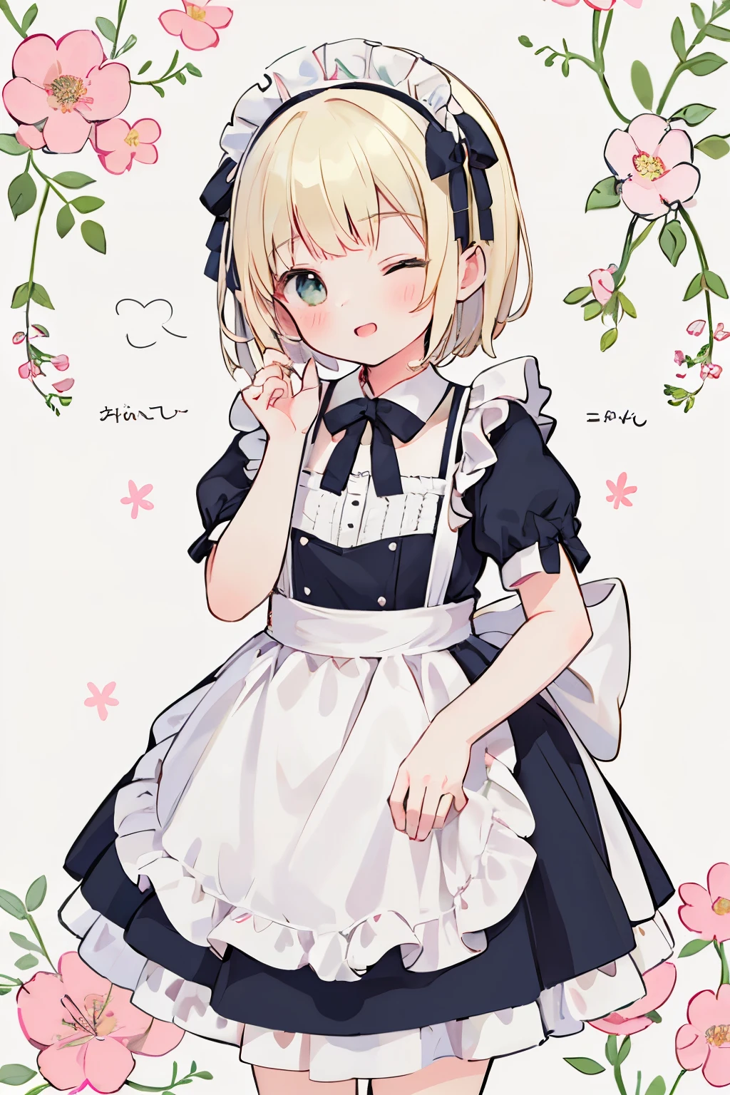 absurd solution, super detailed, (Top quality illustrations), 8K, ultra high resolution, cowgirl shot, simple background, (Floral background)
(1 girl:1.2), Alongside, (very cute, Hilarious, wink, one eye closed), Maid clothes,blonde short hair、 mini skirt, perfect hands