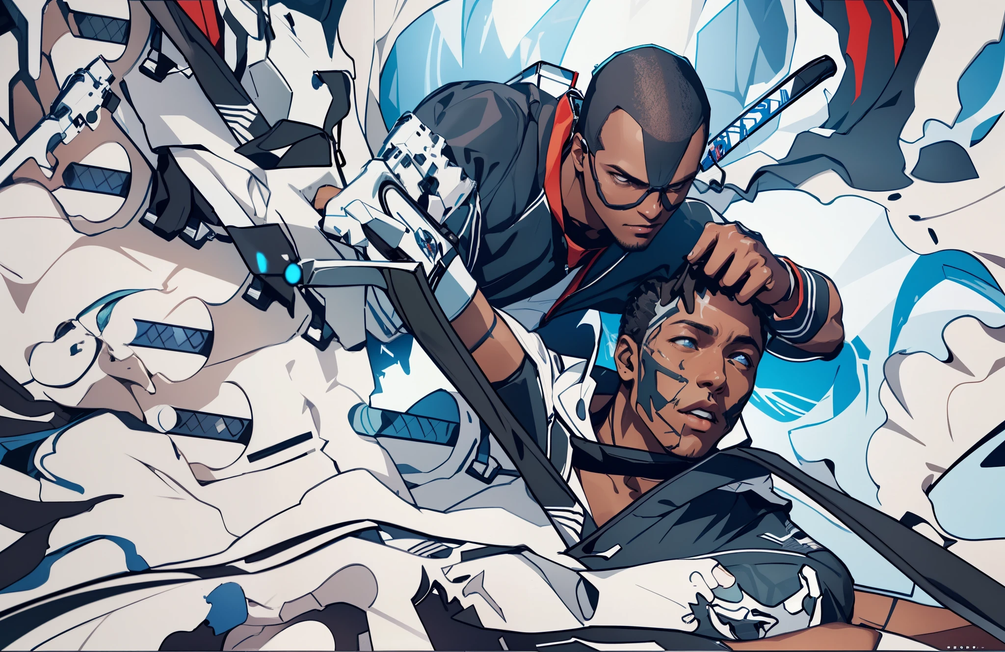 Capture the breathtaking moment as a young, dark-skinned man, dressed in a crisp white windbreaker hoodie, holds katana sword to a super hero's neck. This RAW masterpiece showcases an ultra-high resolution, photorealistic full-body portrait, illuminated by the warm glow of sunlight. The scene is rendered in the captivating style of mecha sci-fi anime, boasting an impressive 8K resolution for the best quality imagery. Crafted with Unreal Engine 1.4, this piece features ultra-realistic 64K CG, skin texture at 1.4, and volumetric fog to add depth and atmosphere. The details are further enhanced with 8K UHD, DSLR quality, film grain, and the artistic touch of lomography. The result is a stunning blend of high-quality visuals, translucent effects, and photorealism that truly captivates the viewer.
