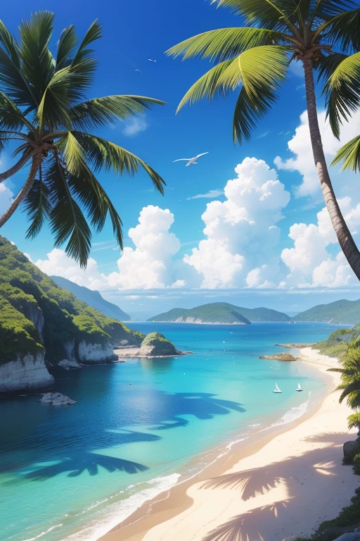 (best quality,4k,8k,highres,masterpiece:1.2),ultra-detailed,(realistic,photorealistic,photo-realistic:1.37),landscape,seascape,natural beauty,serene atmosphere,calm waves,glistening ocean,glorious summer,sandy beach,sun-kissed horizon,blissful tranquility,majestic cliffs,swaying palm trees,clear blue sky,gentle breeze,endless horizon,splendid sunlight,breathtaking colors,vibrant hues,harmonious composition,soft reflections,ethereal ambiance,peaceful escape,warm sunlight illuminating the scenery,sparkling water,secluded paradise,enchanting shoreline,distant sailboats,seagulls soaring in the sky,invigorating scent of saltwater,pure serenity,secluded cove,azure waters,pristine beauty,unspoiled nature,captivating view,scenic wonder,natural oasis,dreamlike paradise.