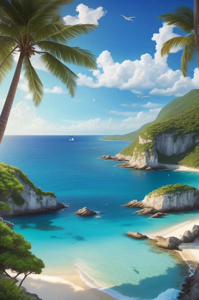(best quality,4k,8k,highres,masterpiece:1.2),ultra-detailed,(realistic,photorealistic,photo-realistic:1.37),landscape,seascape,natural beauty,serene atmosphere,calm waves,glistening ocean,glorious summer,sandy beach,sun-kissed horizon,blissful tranquility,majestic cliffs,swaying palm trees,clear blue sky,gentle breeze,endless horizon,splendid sunlight,breathtaking colors,vibrant hues,harmonious composition,soft reflections,ethereal ambiance,peaceful escape,warm sunlight illuminating the scenery,sparkling water,secluded paradise,enchanting shoreline,distant sailboats,seagulls soaring in the sky,invigorating scent of saltwater,pure serenity,secluded cove,azure waters,pristine beauty,unspoiled nature,captivating view,scenic wonder,natural oasis,dreamlike paradise.