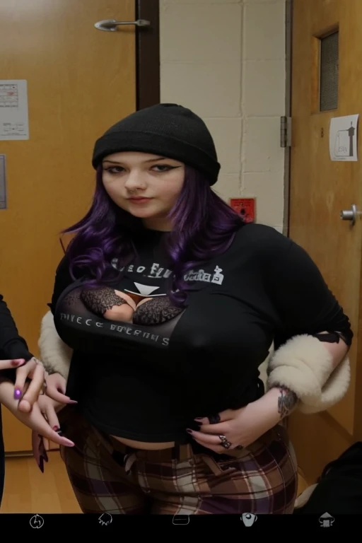 two women in black shirts and plaid pants standing in a room, tall female emo art student, female emo art student, 1 7 -  - old h girl, dressed in crustpunk clothing, she has purple hair, low quality photo, dark purple hair and cybernetics, very very low quality picture, taken in the early 2020s, big tits, upper body zoom, Big tits, huge tits, no clothes, sexy, cute, minimal clothes, thick, bbw, chubby stomach, thick nipples, nipple piercings, large areola, hard nipples, piercing through shirt, nipples hard through shirt, busty, major cleavage, naked, ripping through top, boobs spilling over sides, bra too tight, giant tits, extra wide hips, upper body zoom in, showing off huge tits, fat stomach, see through top, fat bbw, large areola showing