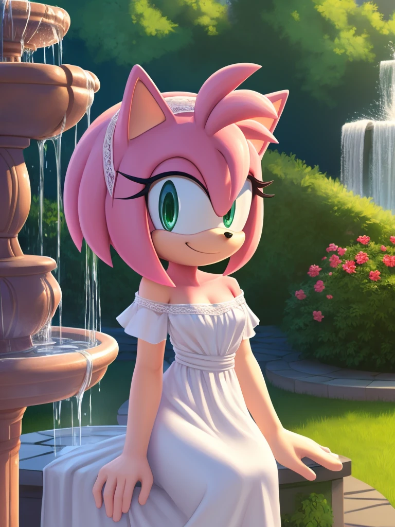 Amy Rose, Bare Shoulders, Strapless White Dress, White Lace Off-shoulder top, White Ruffle Off-the-Shoulder Top, White Maxi Dress, Smile, Garden Background, water fountain, close-up.